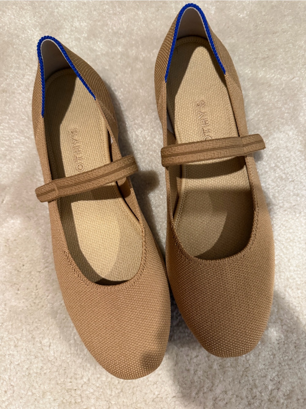 Rothy's Tan Mary Jane Flats with Blue Trim - Picture 2 of 10